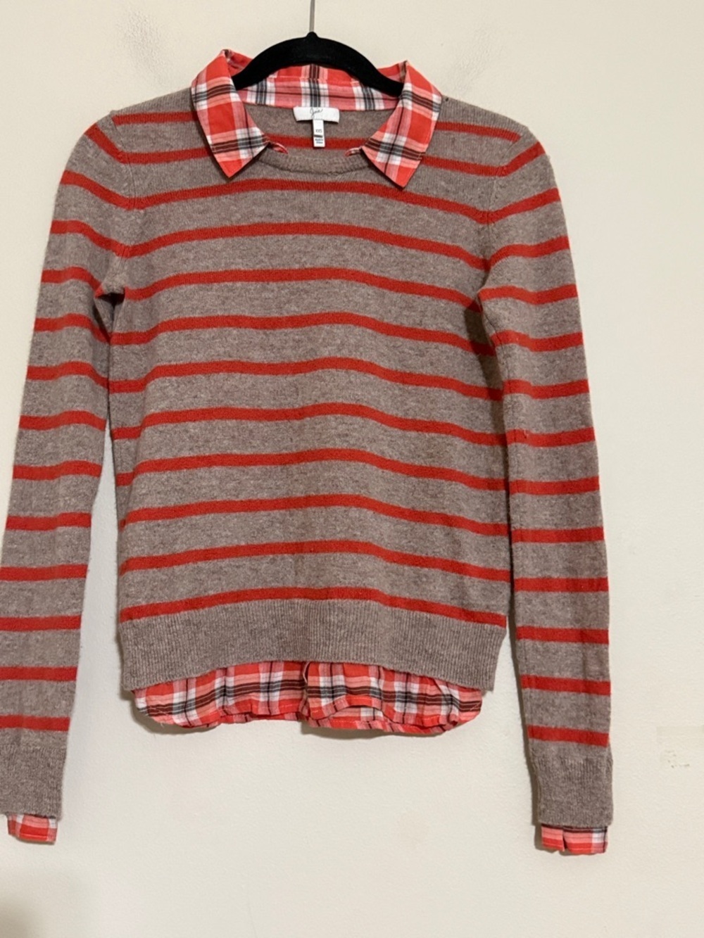 Joie Striped Crewneck Sweater women XXS Red & Taupe Plaid Trim cashmere soft Y2K